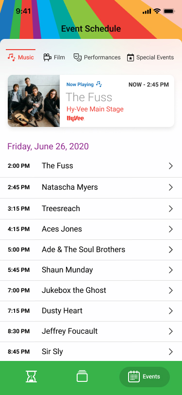 iphone mockup showing a list of live music acts playing that day
