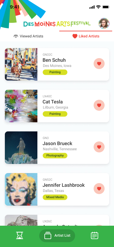 iphone mockup showing a list of artists