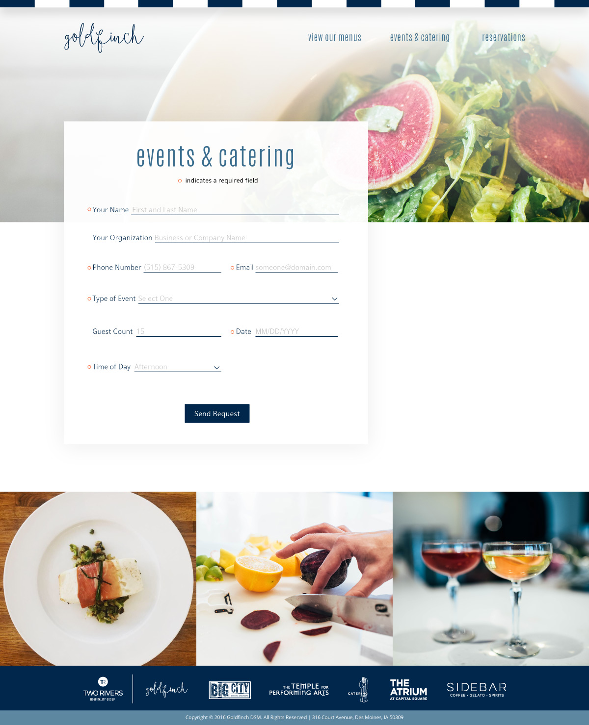 website form for submitting a catering request