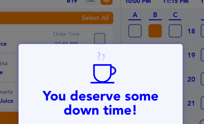 screen detail of a modal that says you deserve some down time with a coffe mug