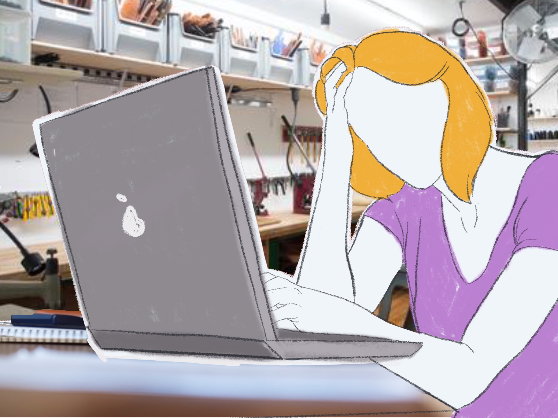 illustration of a woman frustrated by what is on her laptop