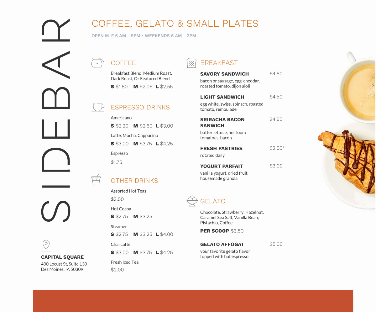menu for coffee shop showing many types of snacks and beverages