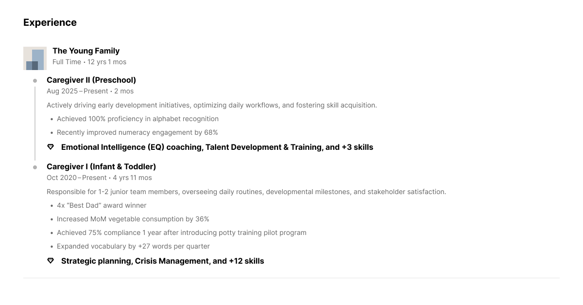 A fake role on LinkedIn listing parenting as a job. Caregiver 2 (Preschool): Actively driving early development initiatives, optimizing daily workflows, and fostering skill acquisition. Achieved 100% proficiency in alphabet recognition Recently improved numeracy engagement by 68%. Skills applied: Emotional Intelligence (EQ) coaching, Talent Development & Training, and +3 skills