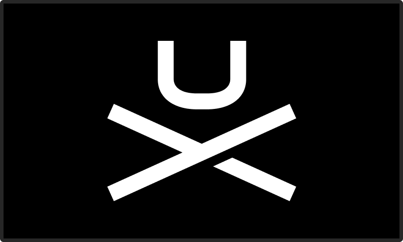 A black flag with the letter U positioned above the letter X in the shape of a skull and crossbones.