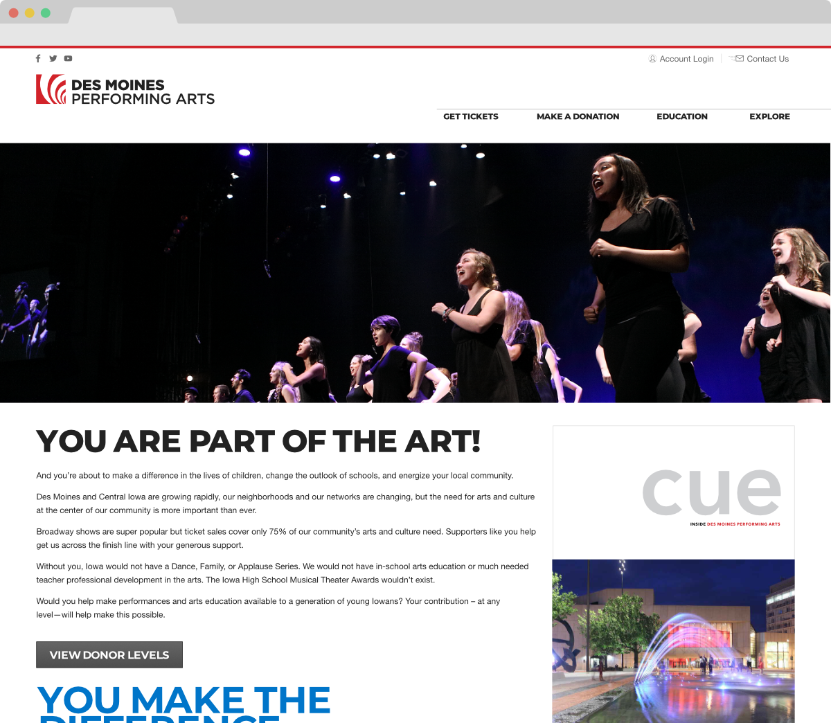 mockup of the performing arts donor information page