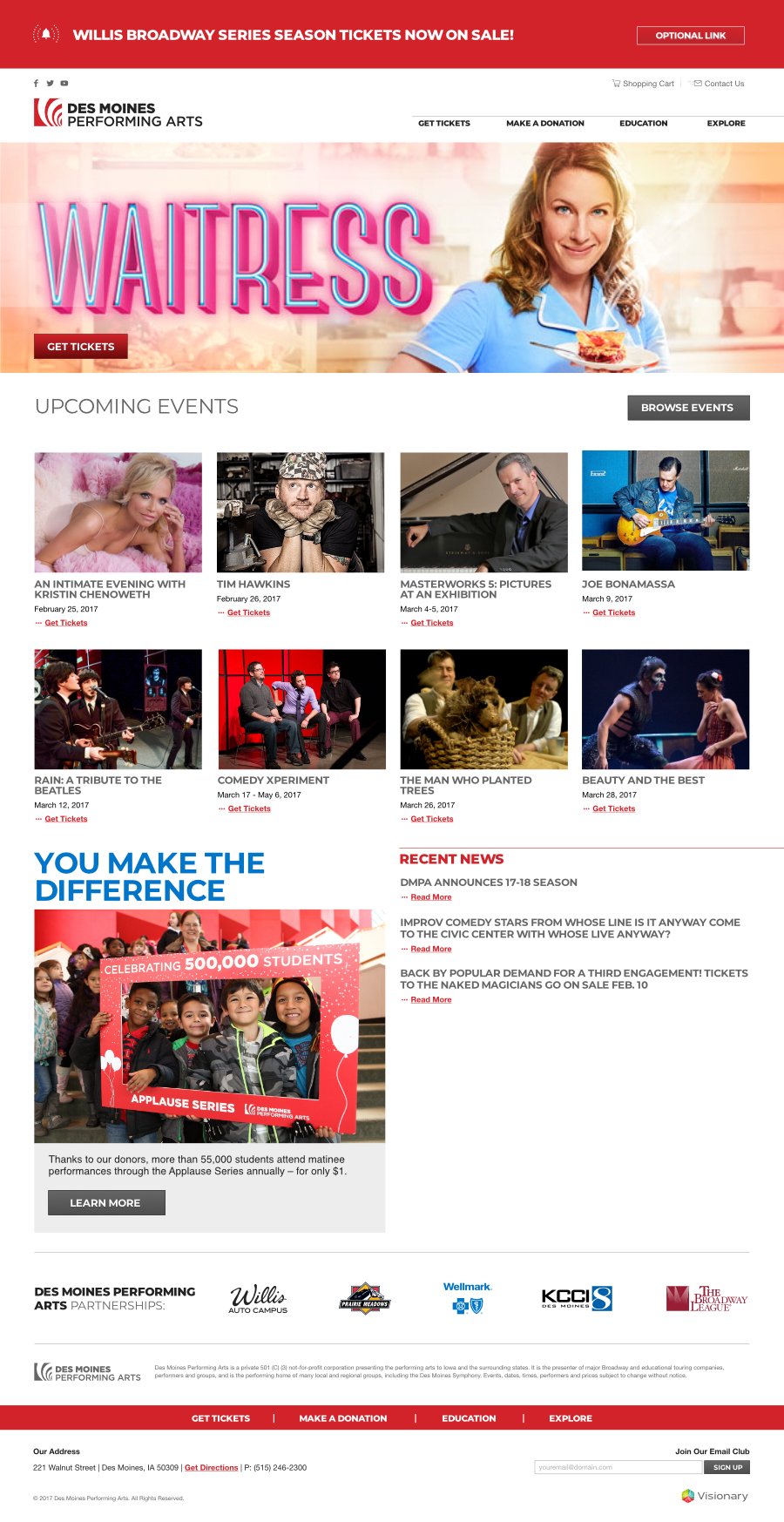 mockup of the new website's homepage showing a banner image and a grid of events