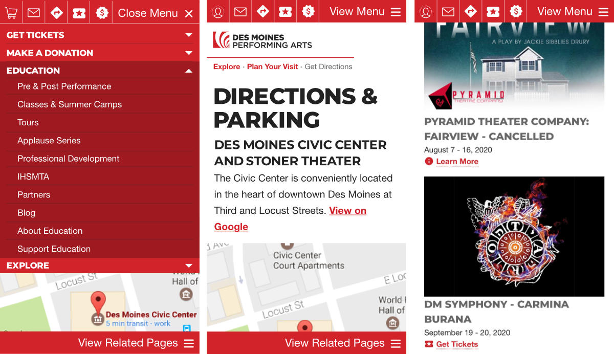 mockups showing the proposed website mobile menu and the event list