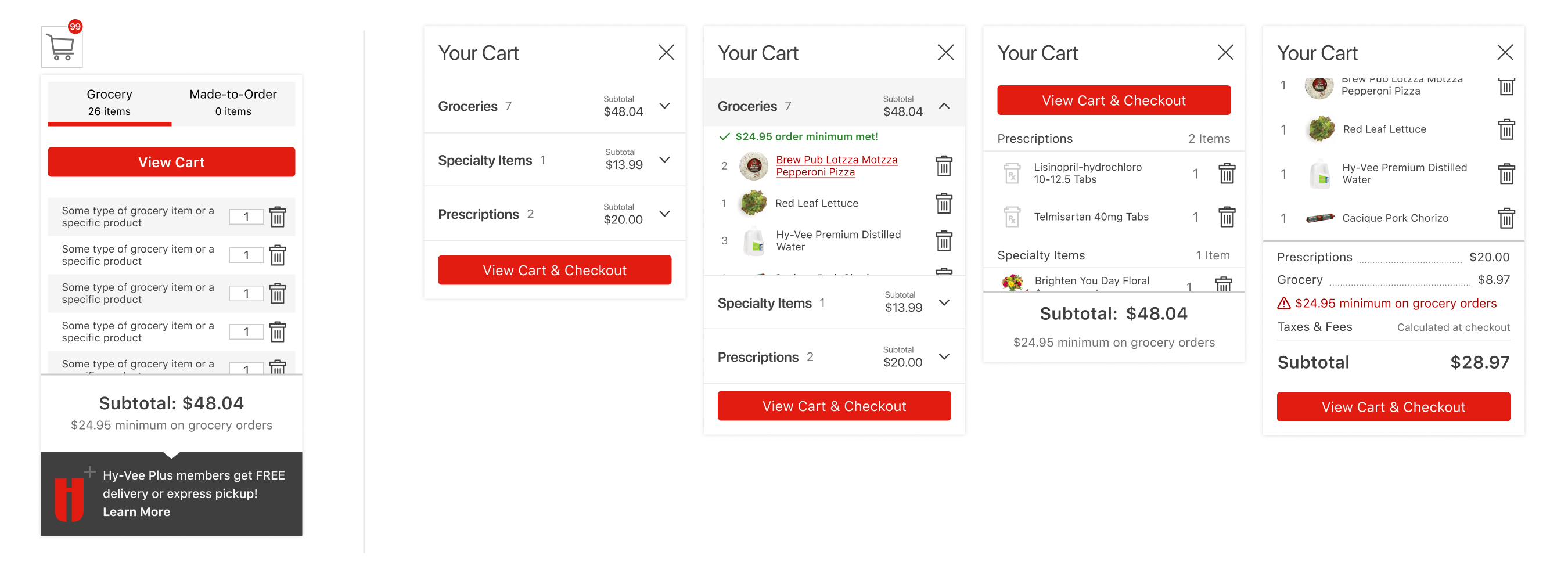 The current tabbed cart preview window compared to various concept ideas that combine the order catageories into a full cart snapshot.