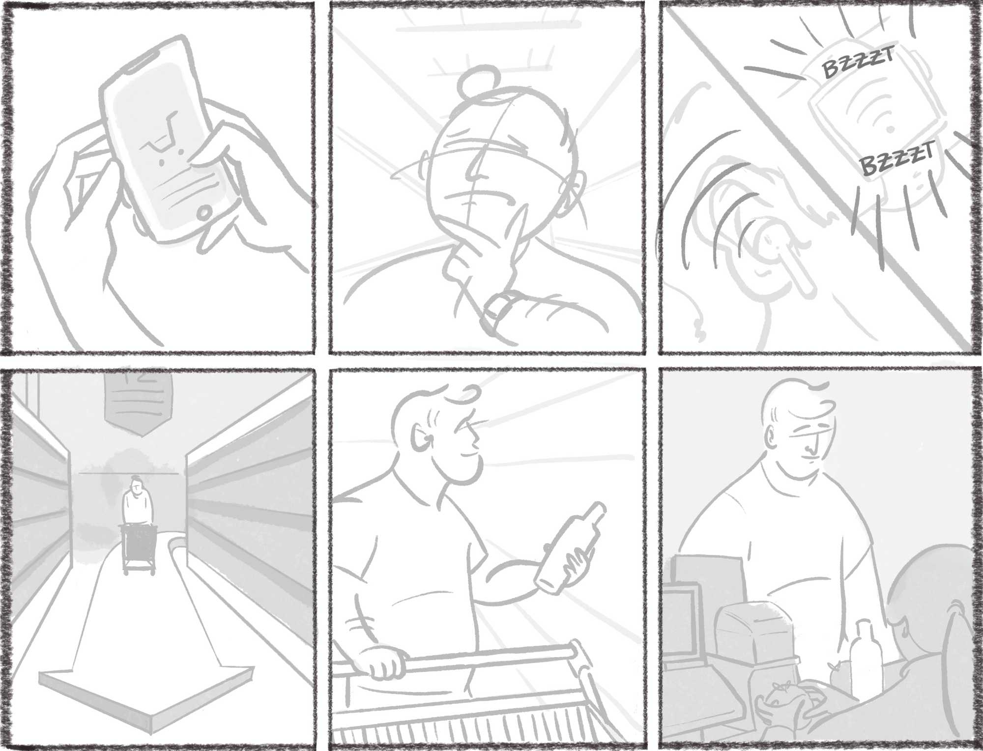 comic panels showing a user checking his shopping list and using his AirPods and Apple Watch to find where something is in a supermarket