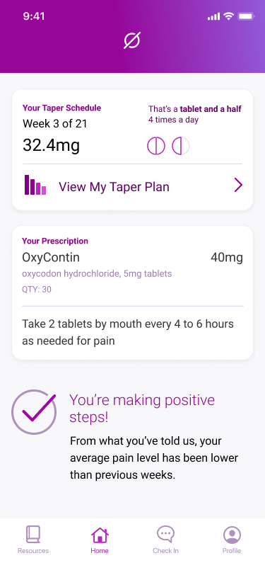 main dashboard for the app showing prescription infromation and taper schedule
