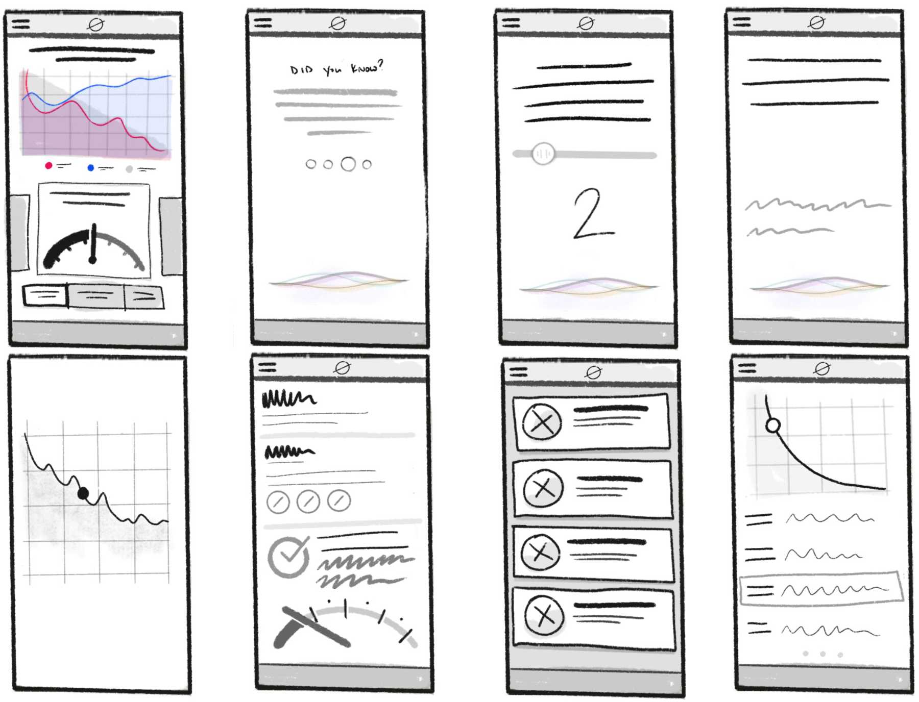sketches of a future app interface and various screens